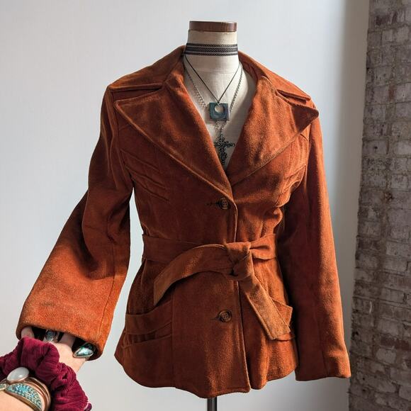 Vintage Orange Brown Suede Jacket Belted Leather Coat Western Rust Red 70s Small - Picture 7 of 10